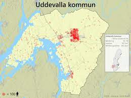Uddevalla kommun ligger i västra götalands län och ingår i landskapet bohuslän. Uddevalla Kommun Karta Over Befolkningstathet Sarasas Maps