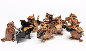 Animals Ceramic Owl Bird Set Playing Music Band Ceramic Instruments Hand Painted Ebay Ceramic Owl Owl Owl Bird