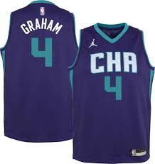 Both jerseys have hornets across the chest, feature a hornet silhouette on the waistband and a the alternate jersey, which is to be worn 16 to 20 times, is teal with white lettering and purple. Jordan Youth Charlotte Hornets Devonte Graham 4 Purple 2020 21 Dri Fit Statement Swingman Jersey Dick S Sporting Goods