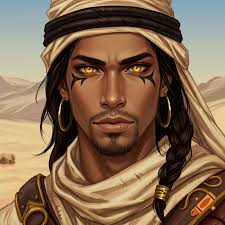 Attractive dark-skinned Arabic man with long hair, eyeliner, and amber lion  eyes in desert garb.