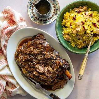 Slow-Roasted Lamb Shoulder & Shank with Fragrant Rice, AI generated