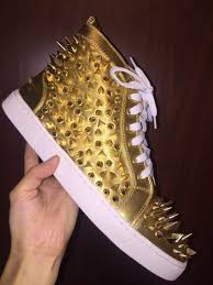 New Arrive Fashion Mens Womens Gold Sheep Skin With Gold Spikes High Top Red Bottom Sneakers Brand Casual Skateboarding Sports Shoes 35 46 High Top