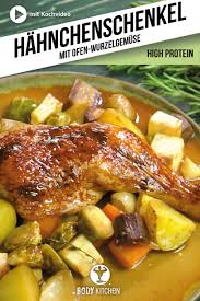 Hahnchenschenkel Mit Ofen Wurzelgemuse Fitness Rezept Von Body Kitchen Rezept In 2020 Hahnchen Rezepte Wurzelgemuse