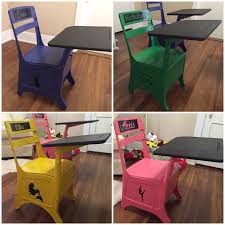 Refinished Old School Desks Spray Painted Bases Chalkboard Painted Tops Vinyl Decals For Names And Graphics Antique School Desk Old School Desks School Desks