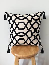 Black And White Throw Pillow With Tassels Geometric Black And White Pillow Cover Glam Woven Cotton With Black Velvet Design And Black Tassels Lumba Black And White Pillows Pillows White Pillow Covers