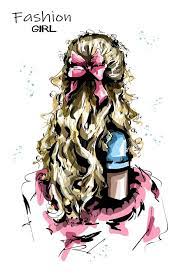 Hand Drawn Woman Back With Long Blond Hair Cute Hairstyle With Bow Fashion Woman Hairstyle Fashion Illustration Watercolor Womens Hairstyles Long Blonde Hair