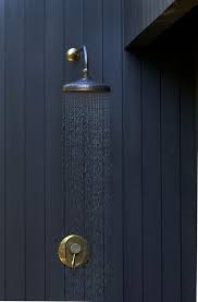 Black Cedar Cladding With Beautiful Antique Brass Finish Outdoor Shower By Babylongardens Co Nz Outdoor Shower Shower Fixtures Cedar Cladding