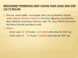 Ubat cacing mengandungi albendazole ataupun mebendazole sebagai bahan utamanya. Mekanisme Pemberian Obat Cacing Pada Anak Usia Dini 12 72 Bulan Ppt Download