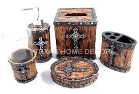 Rustic Cross Bathroom Accessory Set 5 Pieces Faux Wood Look Studs Western Bathroom Accessories Sets Western Bathroom Accessories Rustic Cross