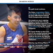 Reigning world champion nesthy petecio (women's featherweight) and carlo paalam (men's flyweight) completed the nation's boxing lineup by topping the list of eligible boxers from asia and oceania in their respective weight divisions of the ioc's boxing task force rankings. On Nesthy Petecio Our Gold Streak Office Of The Presidential Spokesperson Facebook