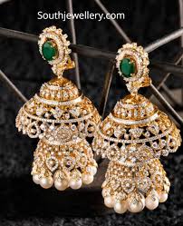 Two Step Diamond Emerald Jhumkas Photo Crystal Wedding Jewelry Gold Jewelry Fashion Indian Jewellery Design Earrings