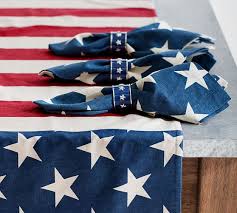 Hues of red, white, and blue; American Flag Linen Cotton Table Runner Pottery Barn