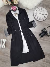 Boydan Dugmeli Keten Kap Siyah Trenckot Moda Kiyafetler Giyim