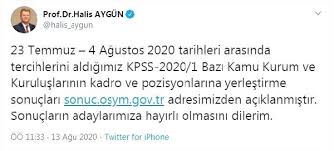 Halis Aygun Duyurdu Kpss 2020 1 Yerlestirme Sonuclari Aciklandi 2020