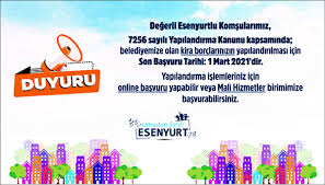 7256 yapılandırmadan yararlanarak vergi borçlarından yapılandırma fırsatında son gün 1 şubat 7256 taksit ödeme tarihleri 7256 taksit vergi borçlarında yapılandırma fırsatı i̇çin son gün 1 şubat 2021. 7256 Sayili Yapilandirma Kanunu Esenyurt Belediyesi