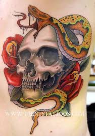 Round snake tattoo on leg. 15 Potent Skull And Snake Tattoos Tattoodo