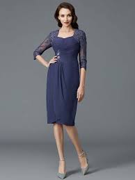 Knielange abendkleider versandkostenfrei bei about you bestellen. Brautmutterkleider Etuikleid Abendkleid Knielang Dunkelblau Chiffon Spitze Armel Mit Jacke