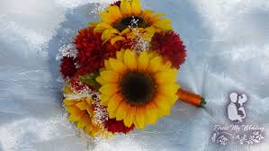 Its wrapped in ivory and red/gold with Dress My Wedding Sunflower Garden Mum Silk Flower Bouquet Orange Yellow Red Fall Bouquet Rustic Country Wedding Baby S Breath