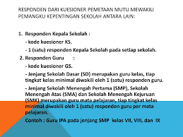 Pemetaan mutu sistem penjaminan mutu pendidikan adalah suatu kesatuan unsur yang terdiri atas organisasi, kebijakan, dan proses terpadu yang mengatur segala kegiatan untuk meningkatkan mutu pendidikan dasar dan menengah yang saling berinteraksi secara sistematis, terencana dan berkelanjutan. Petunjuk Pengisian Kuesioner Pemetaan Mutu Sekolah Ppt Download