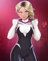 Safebooru 1girl Asymmetrical Hair Blonde Hair Blue Eyes Bodysuit Breasts Commentary Request Con Spider Gwen Art Spiderman Art Female Superheroes And Villains
