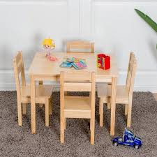 Gymax Kids 5 Piece Table Chair Set Pine Wood Children Play Room Furniture Natural Walmart Com Play Table Chairs Kids Table And Chairs Kids Table Chair Set