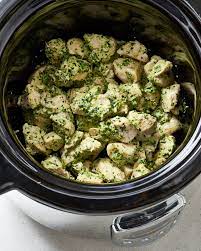 Homemade Pesto Mixed With Hearty Chunks Of Chicken In The Slow Cooker Ready For A Week S Worth Chicken Slow Cooker Recipes Chicken Pesto Recipes Pesto Chicken
