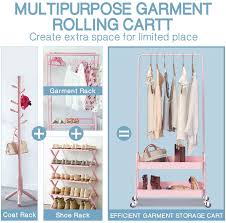 Buy greenstell clothes rack with shelves, industrial pipe style rolling garment rack, heavy duty double rods clothes hanging rack, adjustable height durable coat rack for organizing clothes and shoes: Buy Kingrack 2 In 1 Garment Rack Clothing Rack With 2 Tier Metal Basket Rolling Storage Cart Clothes Organizer Coat Rack Storage Stand On Wheels For Home Bedroom Laundry Small Place Entryway Pink