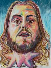 Today's color self-portrait study in chalk pastel—about an hour's  work—remains in flux, but I'm satisfied with where it landed in that short  time. The starfish-like bodies I've been adding to my portrait