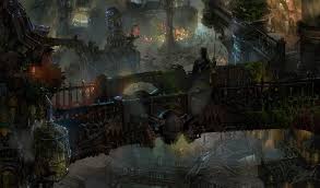 Zaun Is A Large Undercity District Lying In The Deep Canyons And Valleys Threading Piltover What Light Reaches Below Is Filte Art Steampunk City Concept Art