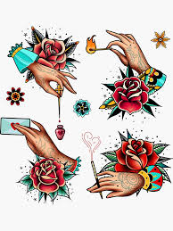 Old School Images Of Tattooed Hands And Roses Sticker By Kanae19 In 2021 Old School Rose Old School Tattoo Traditional Tattoo Prints