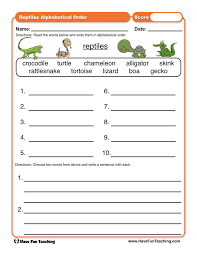 In this printable memory game, kids take turns looking under pennies in order to find matching pairs of pictures. Reptiles Abc Order Worksheet Have Fun Teaching