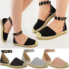 Details About Womens Ladies Studded Espadrilles Flats Ankle Strappy Sandals Girls Shoes Size