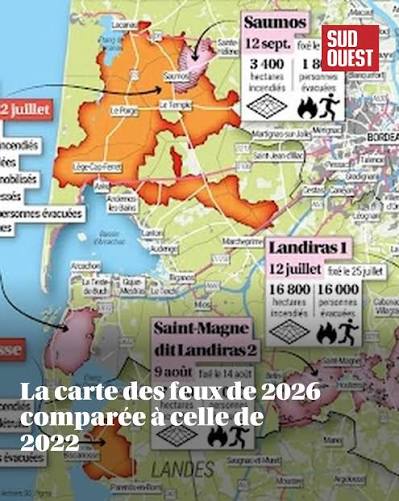 Incendie en Gironde : la carte des feux de 2026 comparée à celle de 2022