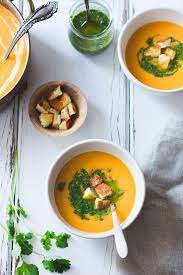 Roasted Yellow Tomato Soup With Green Harissa Halloumi Croutons And A Round Up Recipe Stew Recipes Delicious Soup Veggie Soup