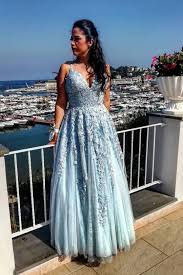 Appliques Sky Blue Long Prom Dress Tulle Prom Dress Prom Dresses Prom Dresses Blue