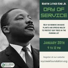 There's still plenty of time to sign up for our Martin Luther King Jr. Day  of Service! Help us remove invasives and spread mulch to protect our trees  in the parking lot.
