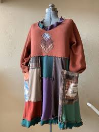 Upcycled Patchwork Tunic Dress Artsy Boho Western Cowgirl Theme Colorful Cotton Waffle Knit T Shirt Dress In 2020 Patchwork Dress Pattern Knitted Tshirt Tunic Dress