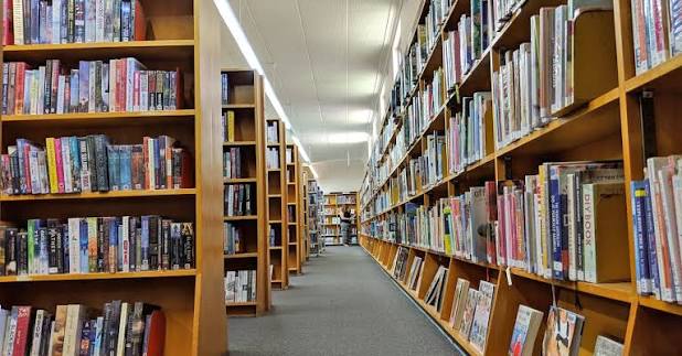 Library bookshelves with books