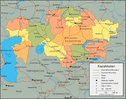 Notable features include coastal salt pans, elevated limestone formations. Kazakhstan Map And Satellite Image