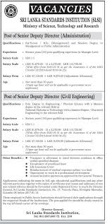 Senior Deputy Director Administration Senior Deputy Director Civil Engineering Sri Lanka Standards Institution Slsi Government Jobs Administration Government
