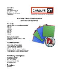 Thank you this certificate is perfect. Product Testing Safety For Lego Compatible Baseplates Creative Qt