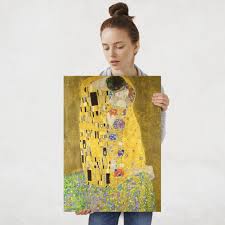 Obraz olejny dodatkowo zdobiony złotą farbą. Plakat Metalowy Gustav Klimt Pocalunek L Murrano