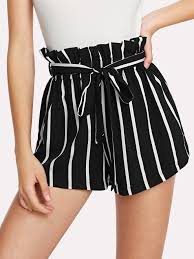 Black And White Shorts Outfit Self Tie Waist Frill Trim Striped Shorts Striped Shorts Outfit Fashion Fashion Outfits