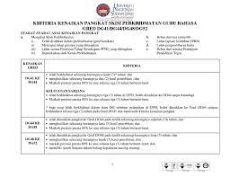 Jawatan pada gred lantikan (gred dg41 dan/atau dga 29); Kriteria Kenaikan Pangkat Skim Perkhidmatan Guru Bahasa Gred Dg41 Dg44 Dg48 Dg52