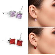 Sterling Silver Hook SQUARE Stone Earrings-created White Aapphire/pink  Tourmaline/garnet/alexandrite/created Ruby-selling by One Pair