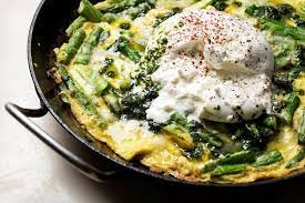 A Deluxe Asparagus Frittata Topped With Burrata Published 2018 Asparagus Frittata Herb Pesto Recipe Food