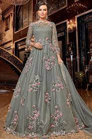 Large collection of hand picked heavy embroidered, partywear, wedding, ceremony for multi occations anarkali dresses and suits. Buy Powder Grey Net Anarkali Suit With Satin Floral Work Online Like A Diva