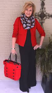 50 Is Not Old Red And Black A Classic Combination Palazzo Pants Santa Claus Scarf Fashion Over 40 For The Eve Fashion Over 40 Fashion Over 50 Fashion