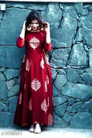 Look Stylish With These Attractive Rayon Gold Printed Gown Class Is The New Style Special Dresses Simple Gowns Printed Gowns