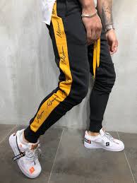 Black And Yellow Adidas Track Pants Men Slim Fit Casual Script Side Sweatpants Joggers Black Yellow 4001 Mens Street Style Mens Outfits Jackets Men Fashion